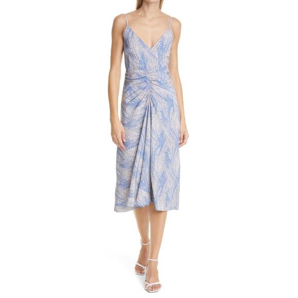 Jonathan Simkhai Dress Women's Sz 12 Georgina Painted Silk Midi Feather Blue NWT - Picture 1 of 9